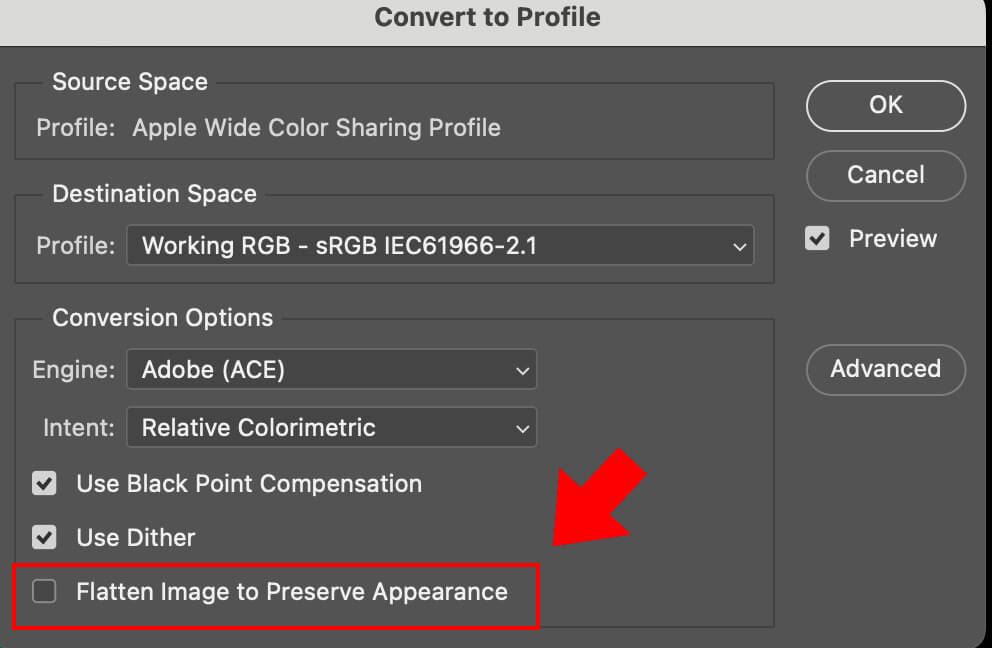 Important note: Pay attention to the checkbox that reads: "Flatten Image to Preserve Appearance." If your file has layers that you need to keep in tact, make sure this box is unchecked.