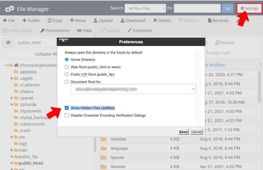 Showing hidden files often takes an extra step. If you're working on a hosting platform, like Siteground, Bluehost, or GoDaddy, you might be in the File Manager area of cPanel. Often hidden files, like a .htaccess file, are hidden. To reveal the hidden files, look for the Settings button and check the check box that reads, "Show Hidden Files (dotfiles)."