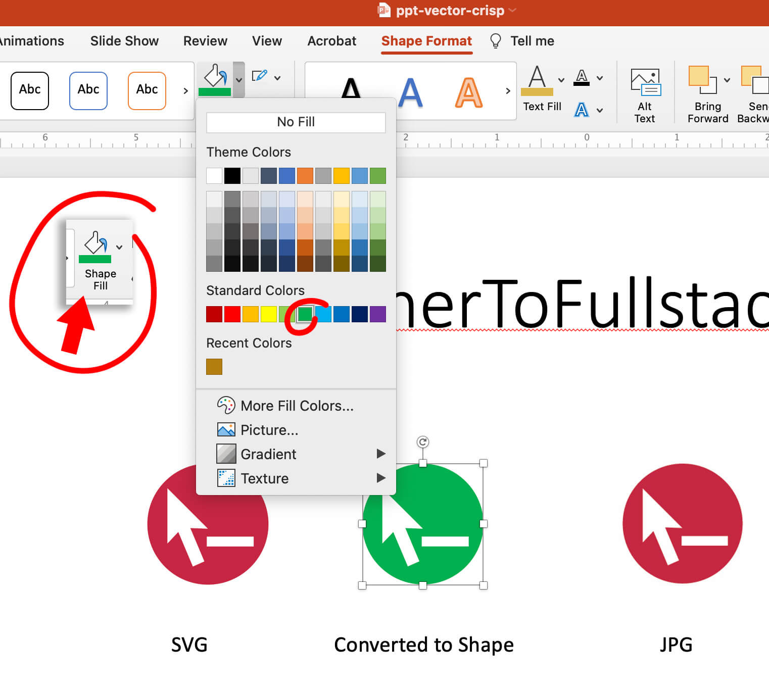 Change the color of your logo or icon converted to shape by going to the PowerPoint tab "Shape Format" and then choosing "Shape fill."