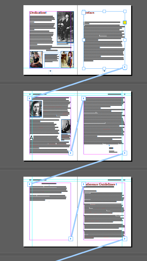 Example of how InDesign will show you blue lines indicating when a text box wraps or threads to another text box. 