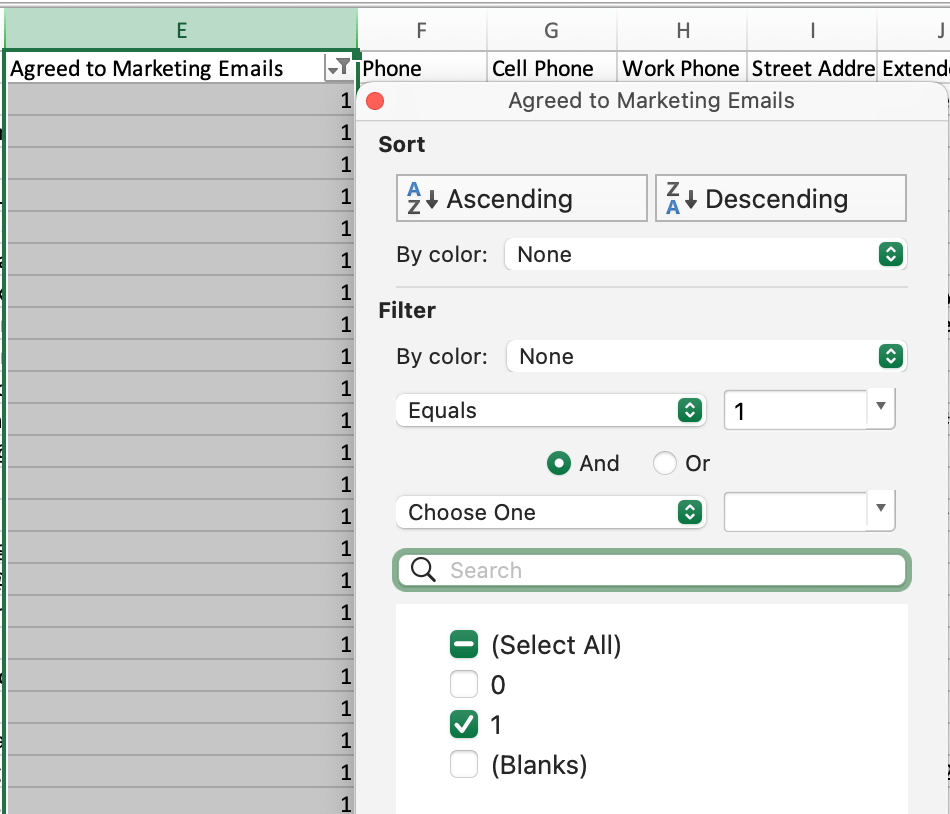 I use the Filter feature in Excel to sort my marketing lists and show only those customers who have agreed to receive marketing emails.