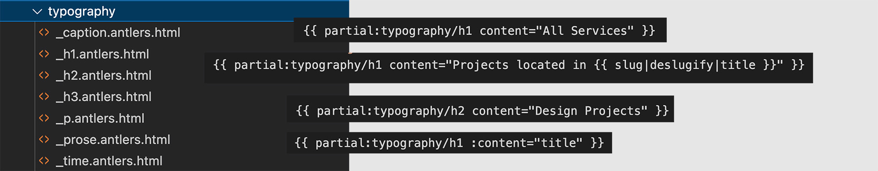 Examples of syntax for customizing typography partials in Peak Starter Kit for Statamic.