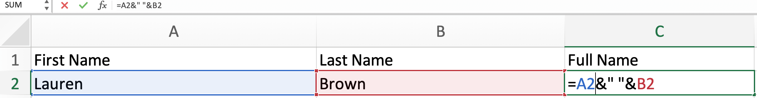 The formula that helps you in Excel to combine a first name and last name column into a full name column