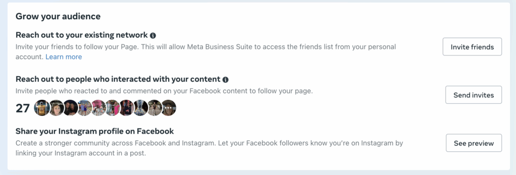 Shows the Grow Your Audience card in the Facebook Business Meta Suite - Invite Commenters and Reactors