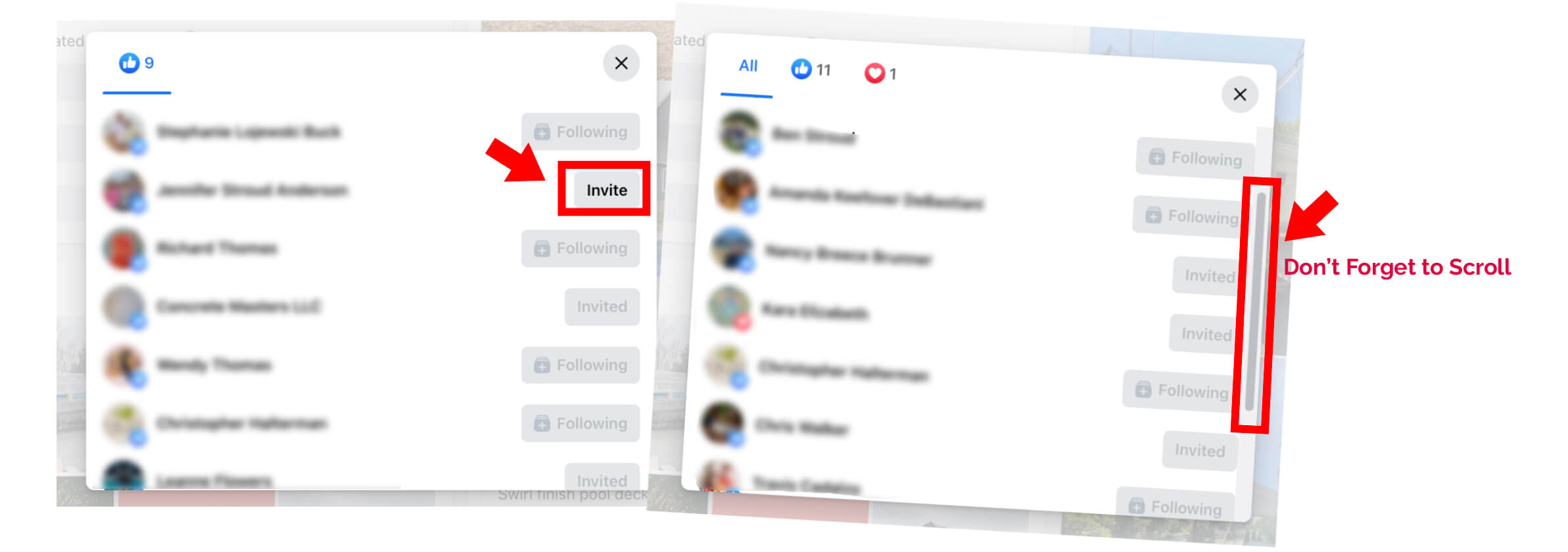 You may ask, "How do I invite individuals or businesses who engage with my posts?" Go to your post, and click where you see the number of engagements to the right of the symbols (i.e., the icons for thumbs-up, heart, care, etc.). This will open a modal window that is scrollable. For each listing, if there is a button to "Invite" click it. This will trigger a follow request to the individual.