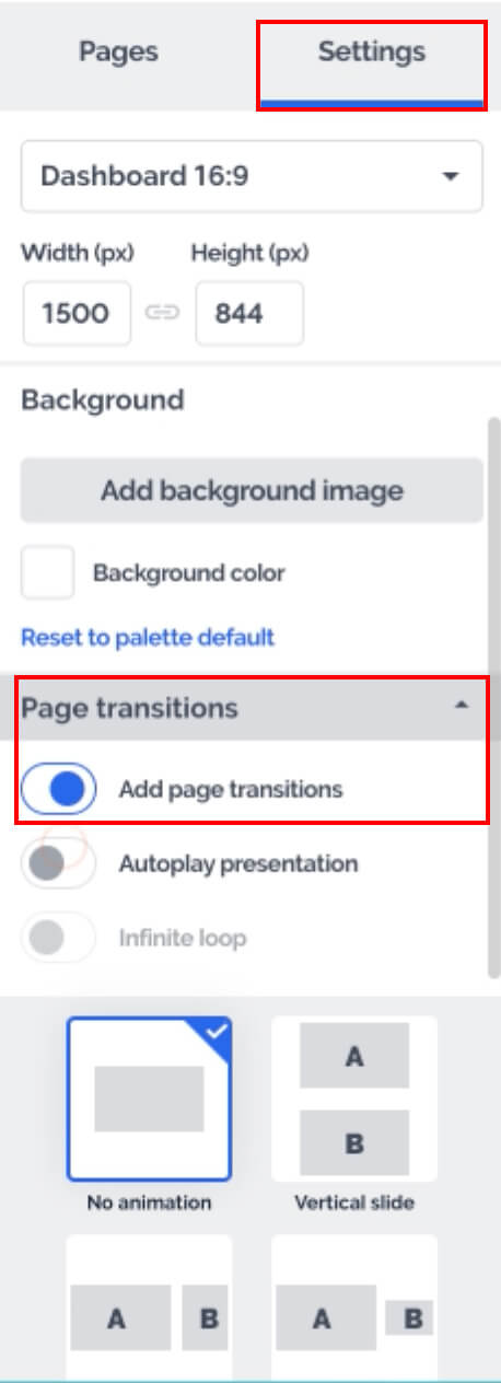 To have full-screen functionality slide-by-slide go to your project's main settings. Toggle "Add page transitions"  in the Page Transitions setting area.