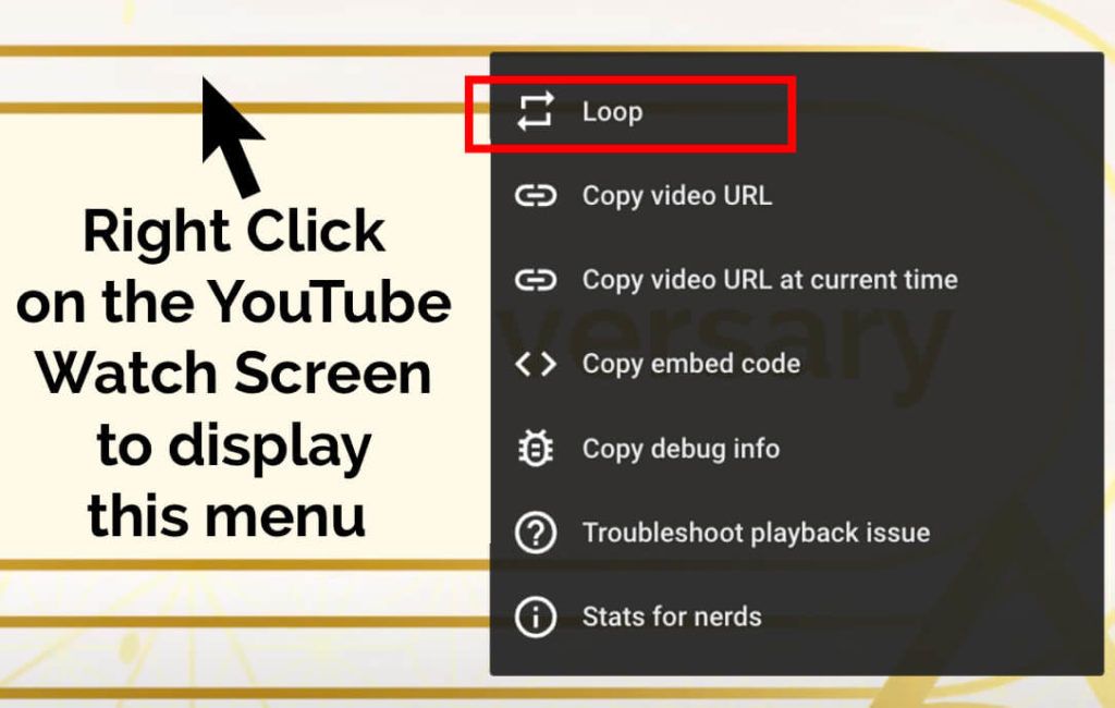 If your video link is uploaded to YouTube, you can play and loop the video via YouTube's video controls. In this case, the video is unlisted on YouTube, which means the client could share, play and loop the video via YouTube. The loop functionality is part of YouTube's player controls, but this option will likely play advertisements, so it's not the best option.