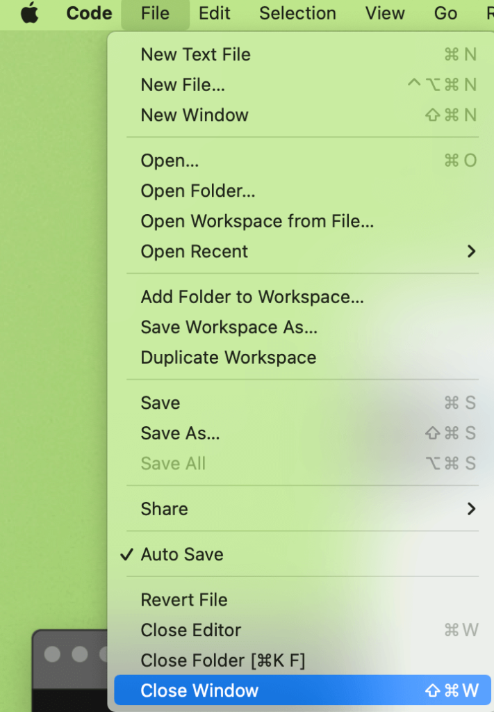 The VS Code File menu only has Close Editor, Close Folder, and Close Window.