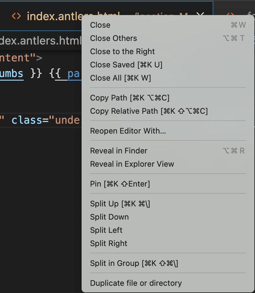 A right click on tabs in VS Code opens options to Close, Close Others, Close to the Right, Close Saved, and Close All.