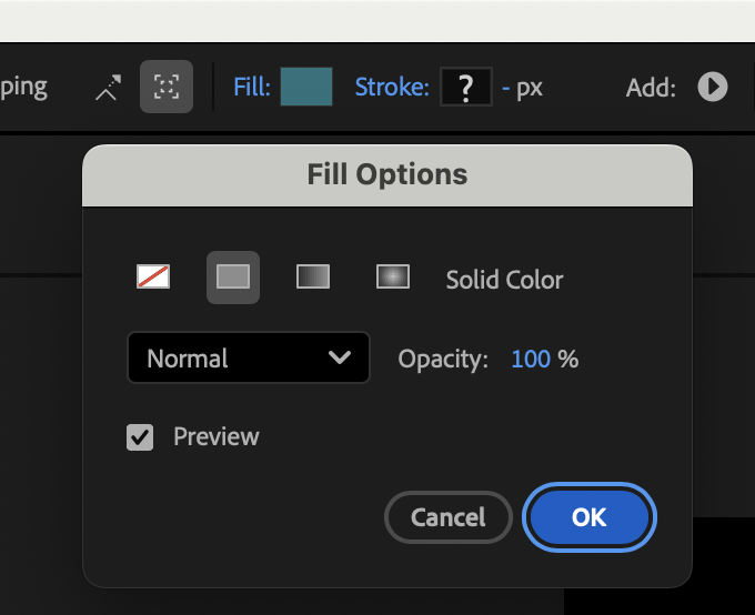 This FILL modal is accessed by selecting your shape, and then clicking the word FILL from the top menu. It allows you to change fill from none, to solid, to gradient and opacity and layer blend modes.