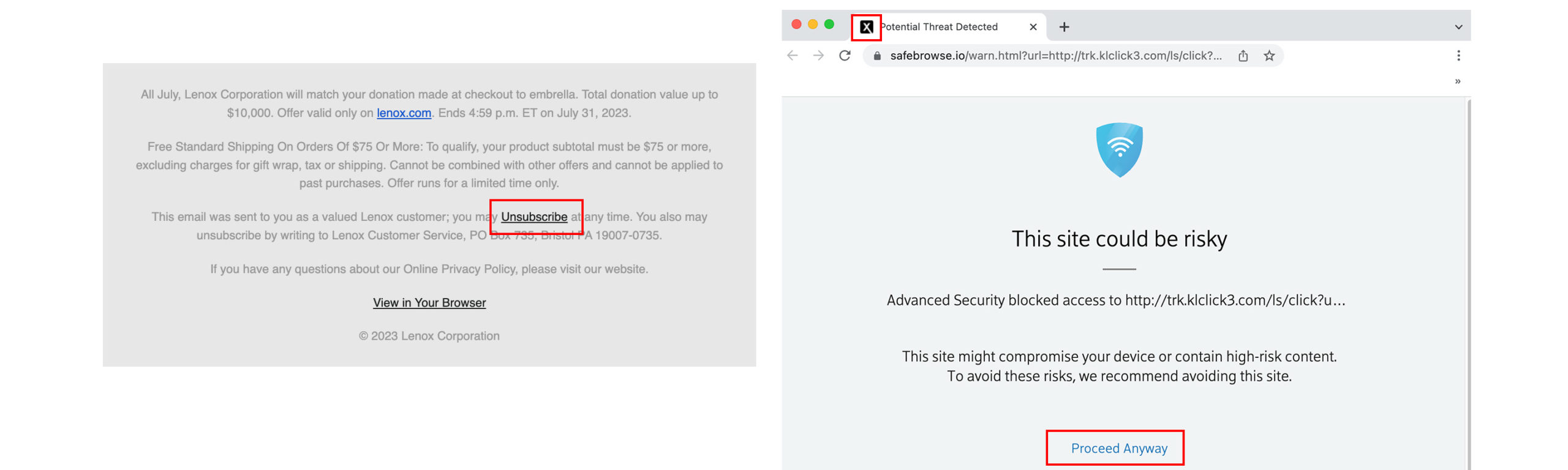 Find an Unsubscribe link in the footer of a marketing email. Unsubscribe is blocked by Safebrowse.io