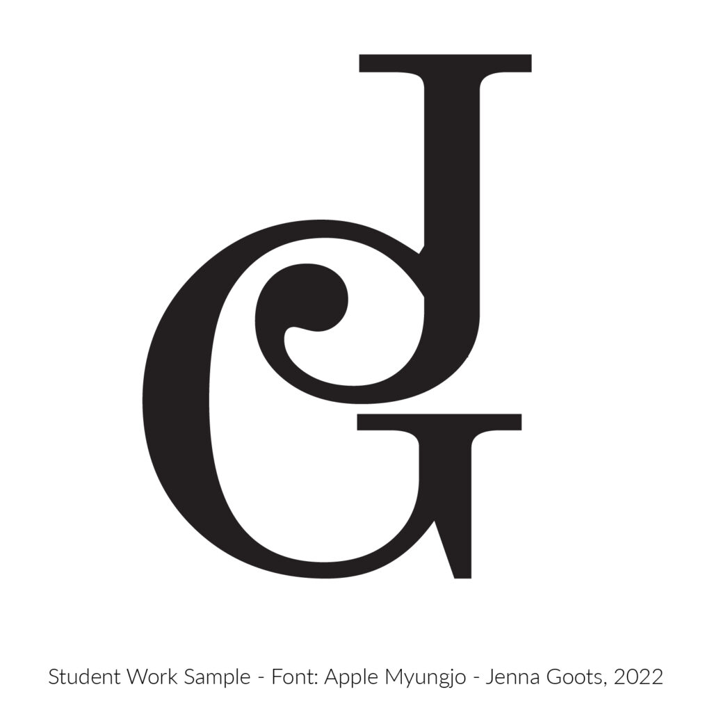 Student work creating a 2 letter logotype. This uses a Apple Myungjo letter J andApple Myungjo letter G. Designed by Jenna Goots, 2022