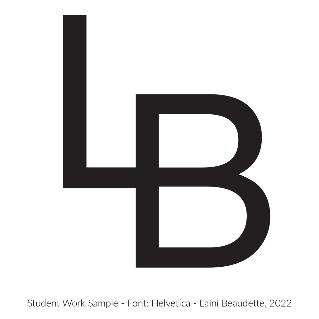 Student example of work creating a 2 letter logotype. This uses a Helvetica letter L and Helvetica letter B. Designed by Laini Beaudette, 2022