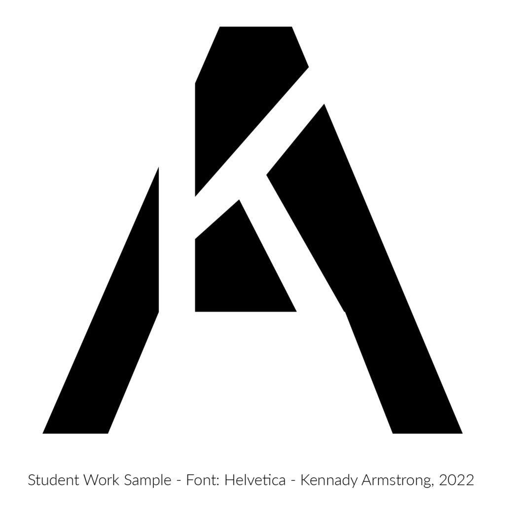 Student work creating a 2 letter logotype. This uses a Helvetica letter A and helvetica letter K. Designed by Kennady Armstrong, 2022