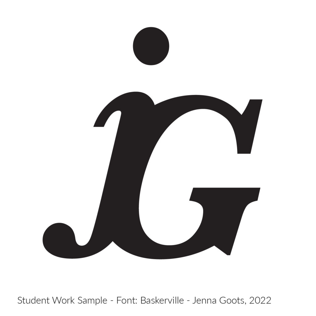 Student work creating a 2 letter logotype. This uses a Baskerville letter J and Baskerville letter G. Designed by Jenna Goots, 2022