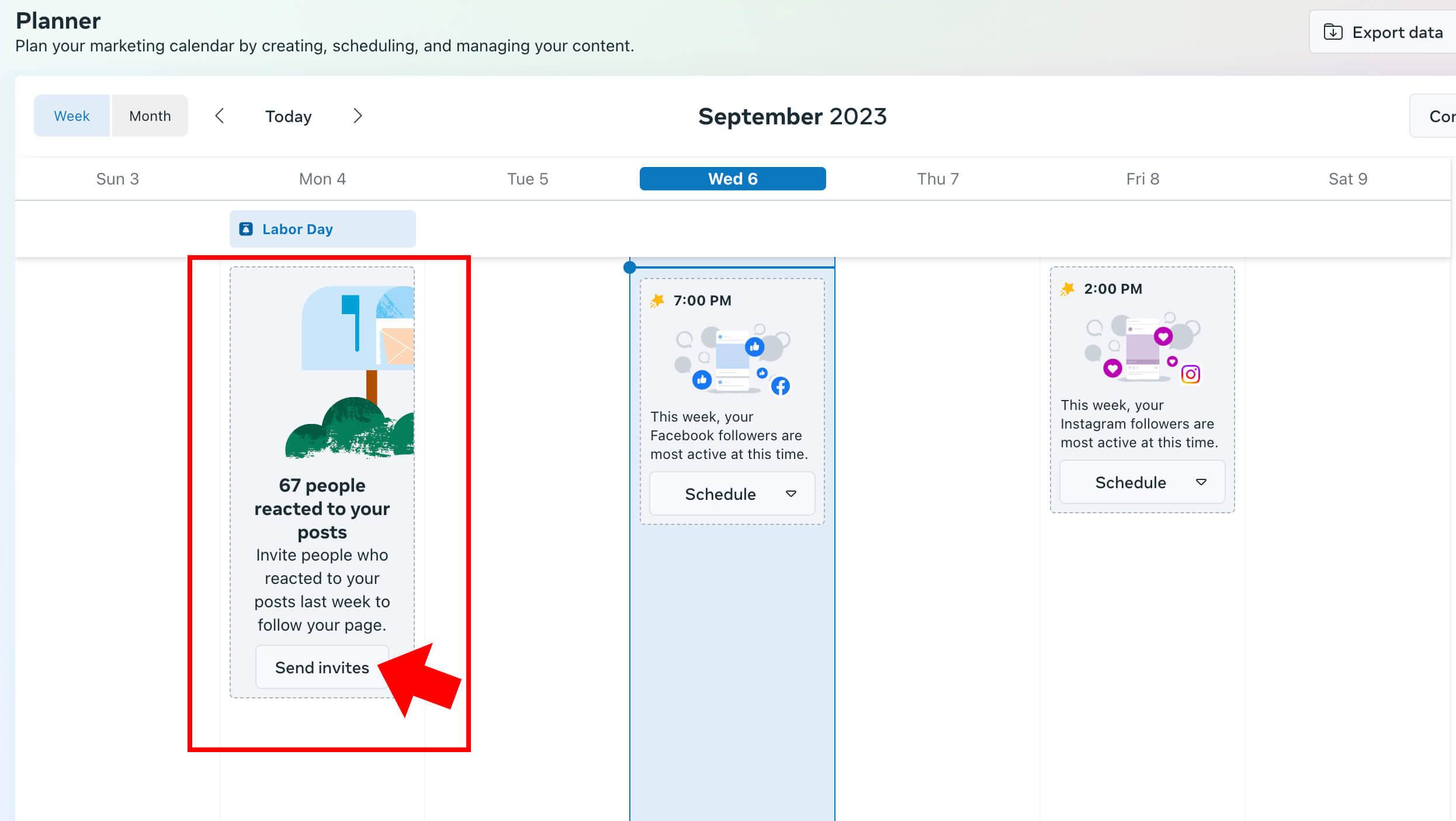 Relatively new to business.facebook.com is the ability to quickly invite people to like your page in bulk. To find this feature, go to Scheduler and look for a card that reads, "XX people reacted to your posts. Invite people who reacted to your posts last week to follow your page."