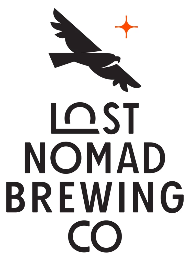 Lost Nomad Brewing Company's logo combines the letter "L" and letter "O" in a unique way that also represents the setting sun on the horizon line.