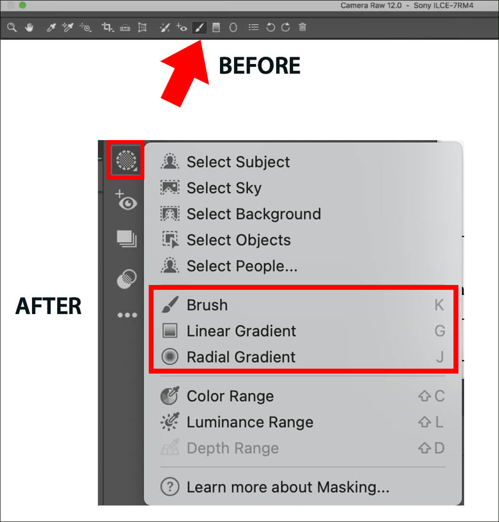 Camera Raw's adjustment brush is no longer in the top toolbar. It is now accessed by using the Masking Tool.