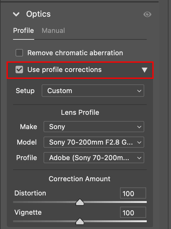 Lens Correction in Adobe Camera Raw is now under the Optics Tab. You can use the checkbox for "Use profile corrections."