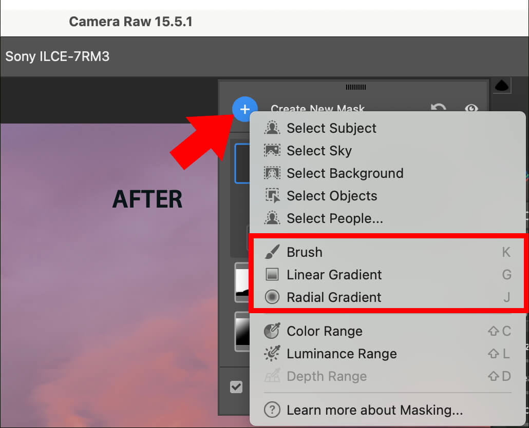 Click M in Camera Raw to open the Create New Mask panel.