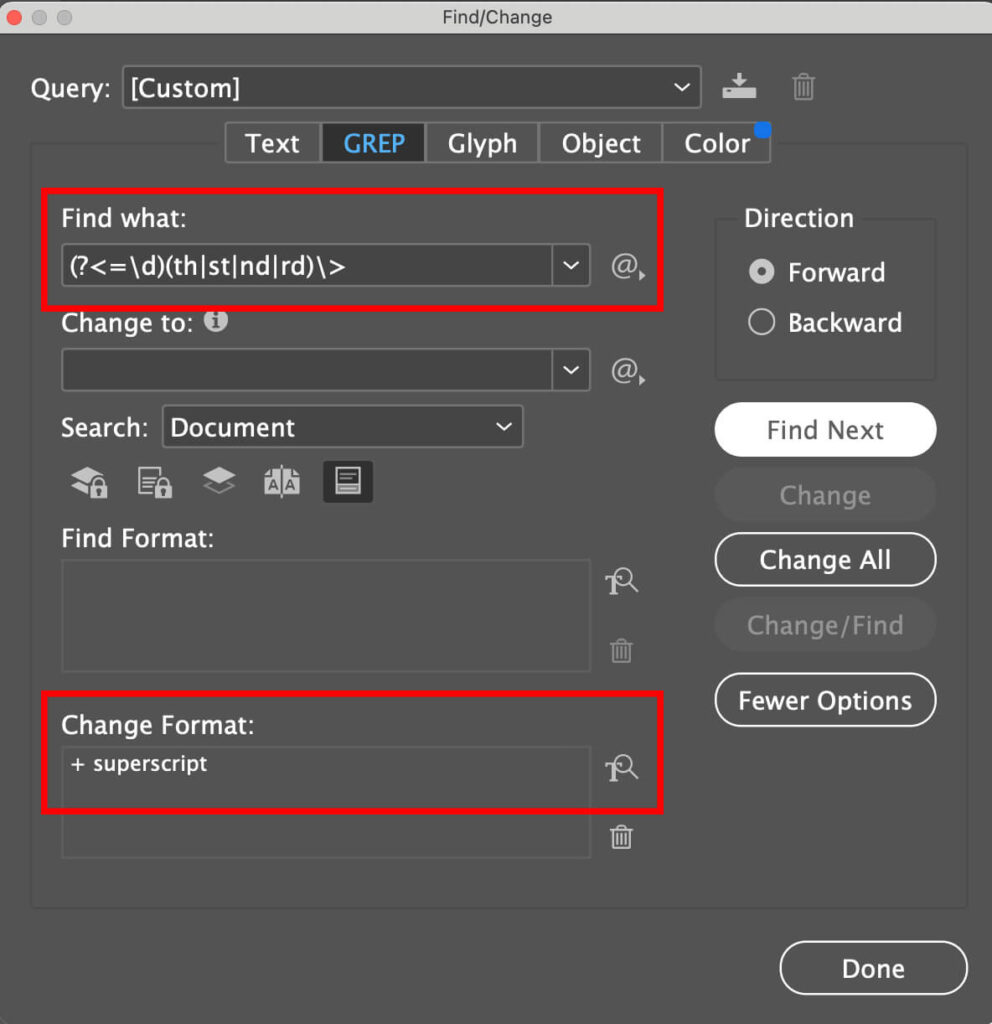 Find/Change 1st, 2nd, 3rd, 4th and more in InDesign using (?<=\d)(th|st|nd|rd)\> and format change to +superscript