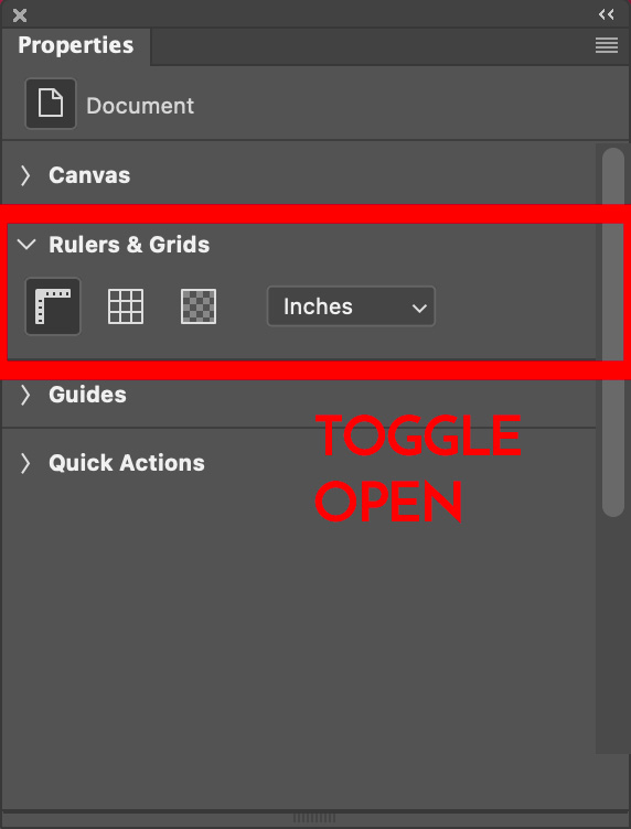 Toggle open Grids and Rulers in Window > Properties for the document