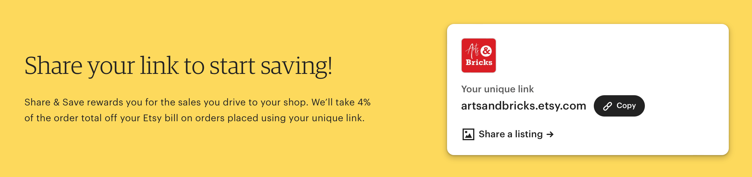 Marketing share links from Etsy use a subdomain to create unique links for tracking sales. Purchase using your unique link save you 4% of the sales total on your Etsy bill.