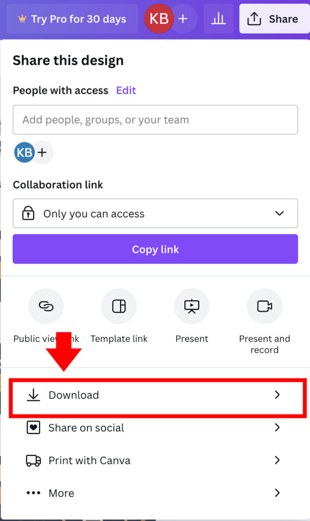 Find the Download option in Canva under Share > Download.