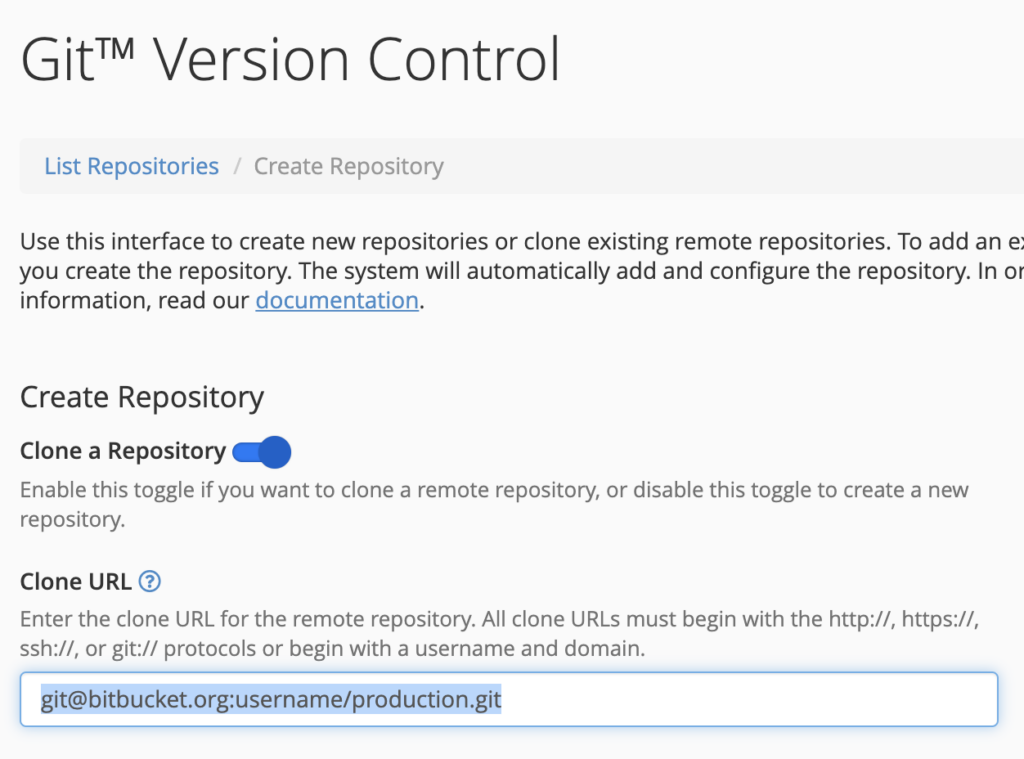 Clone URL in Git Version Control in cPanel use the git@ address