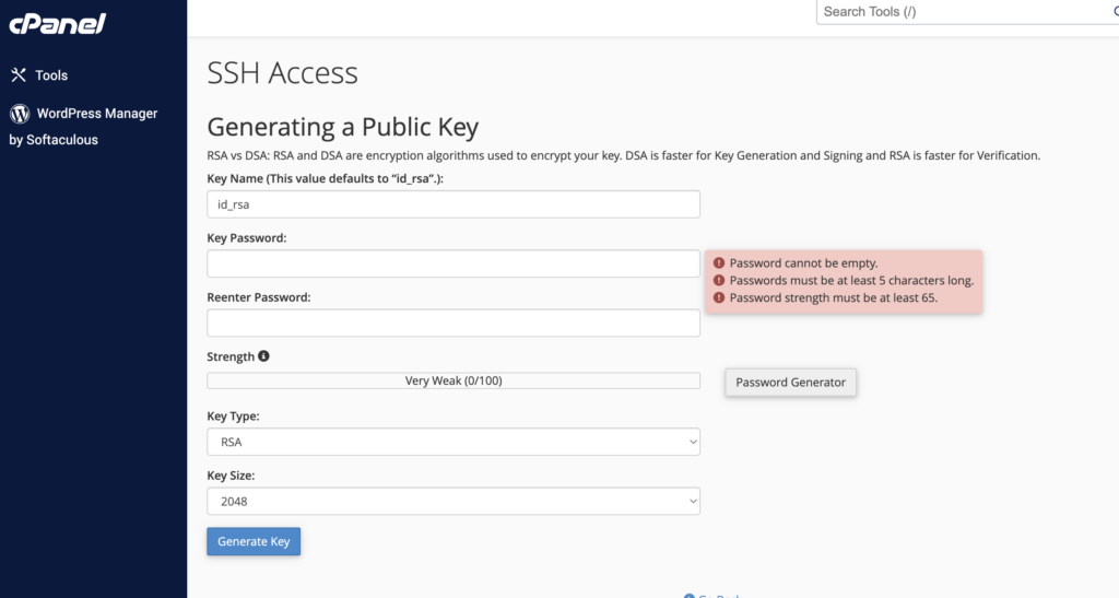 Cpanel requires passcodes for SSH keys generated which won't work with BitBucket Cloning