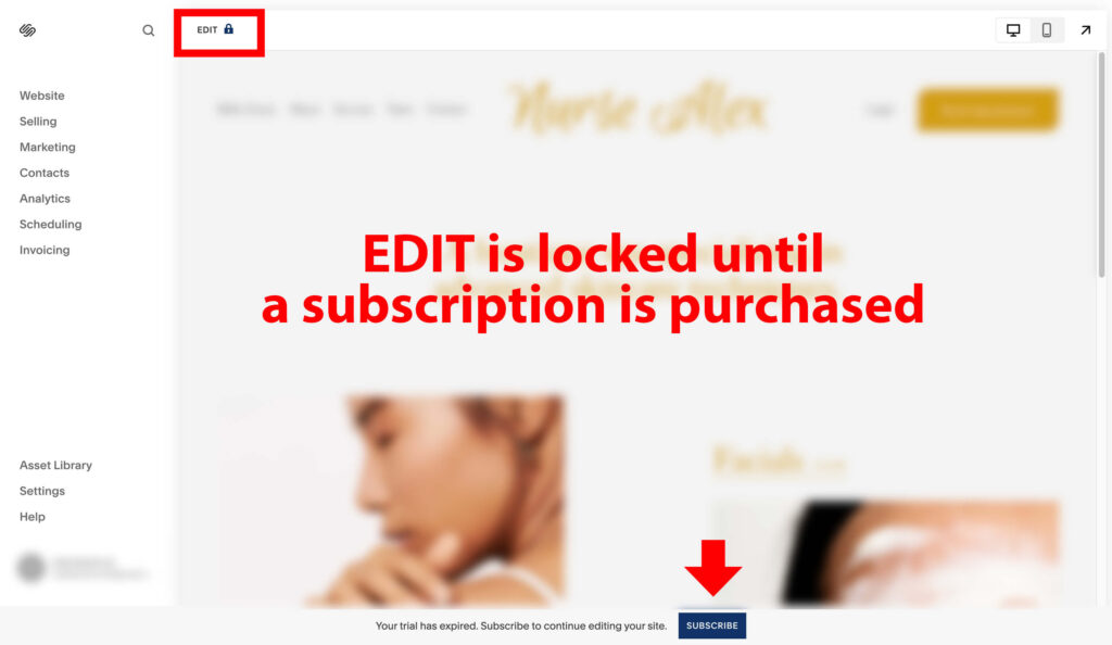 edit mode is locked in squarespace when your subscription expires