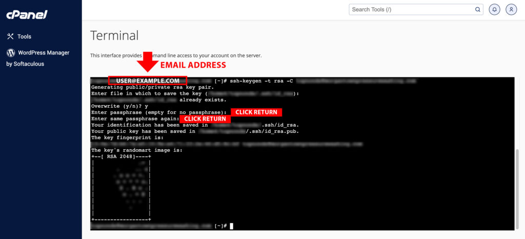 use cPanel terminal to create a key for BitBucket