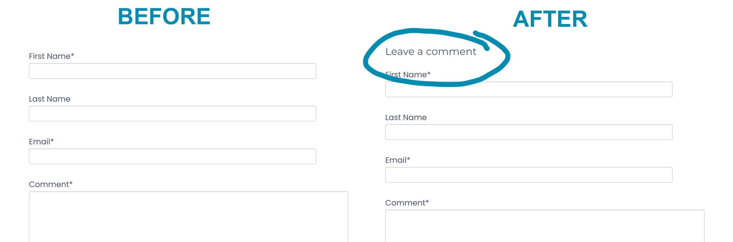 Before and after adding a title H3 to a comment form in HubSpot