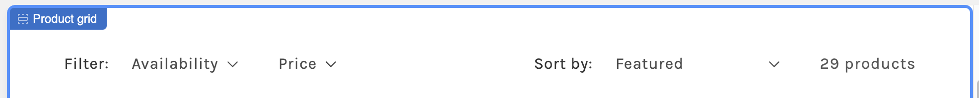 Screenshot of product grid block in Shopify. Shows filtering and sorting options.