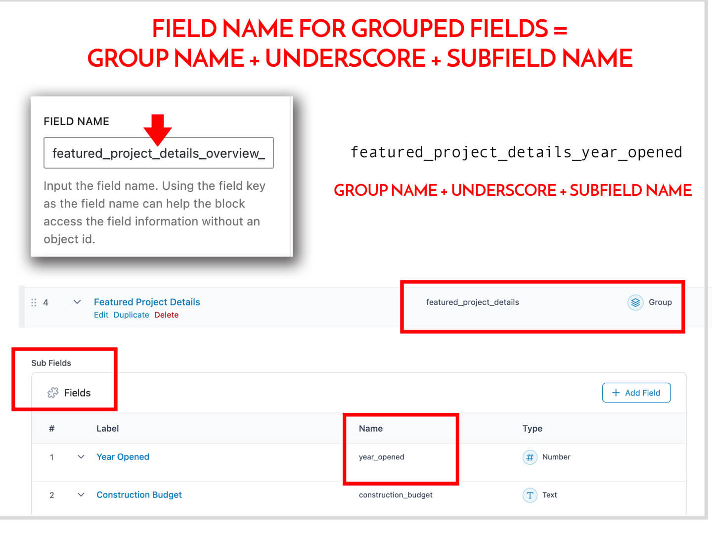 How to display grouped s subfields from ACF