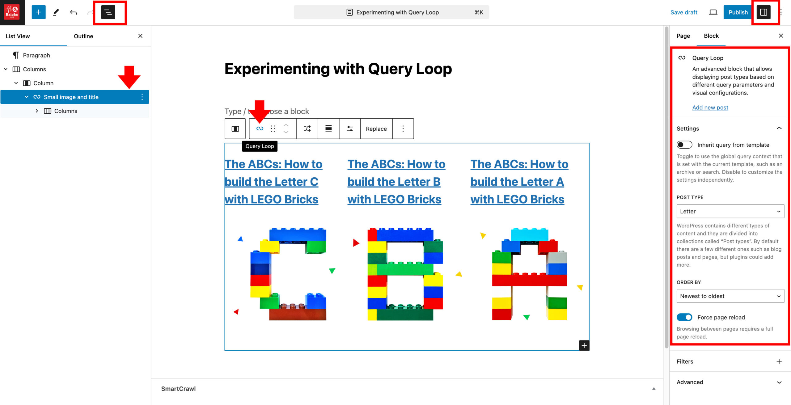 How to see the settings for the query loop block in wordpres