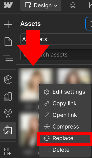 Use the horizontal ellipse on an image in the Assets area. From the drop down select Replace.