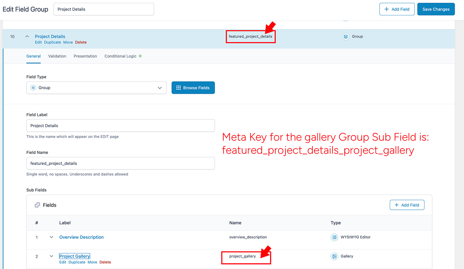 ACF group field with sub field find Meta Key