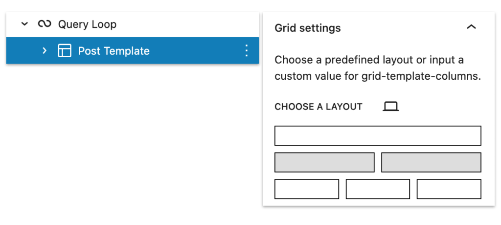 Post Template Block in WordPress, select Grid Columns for display of archive template