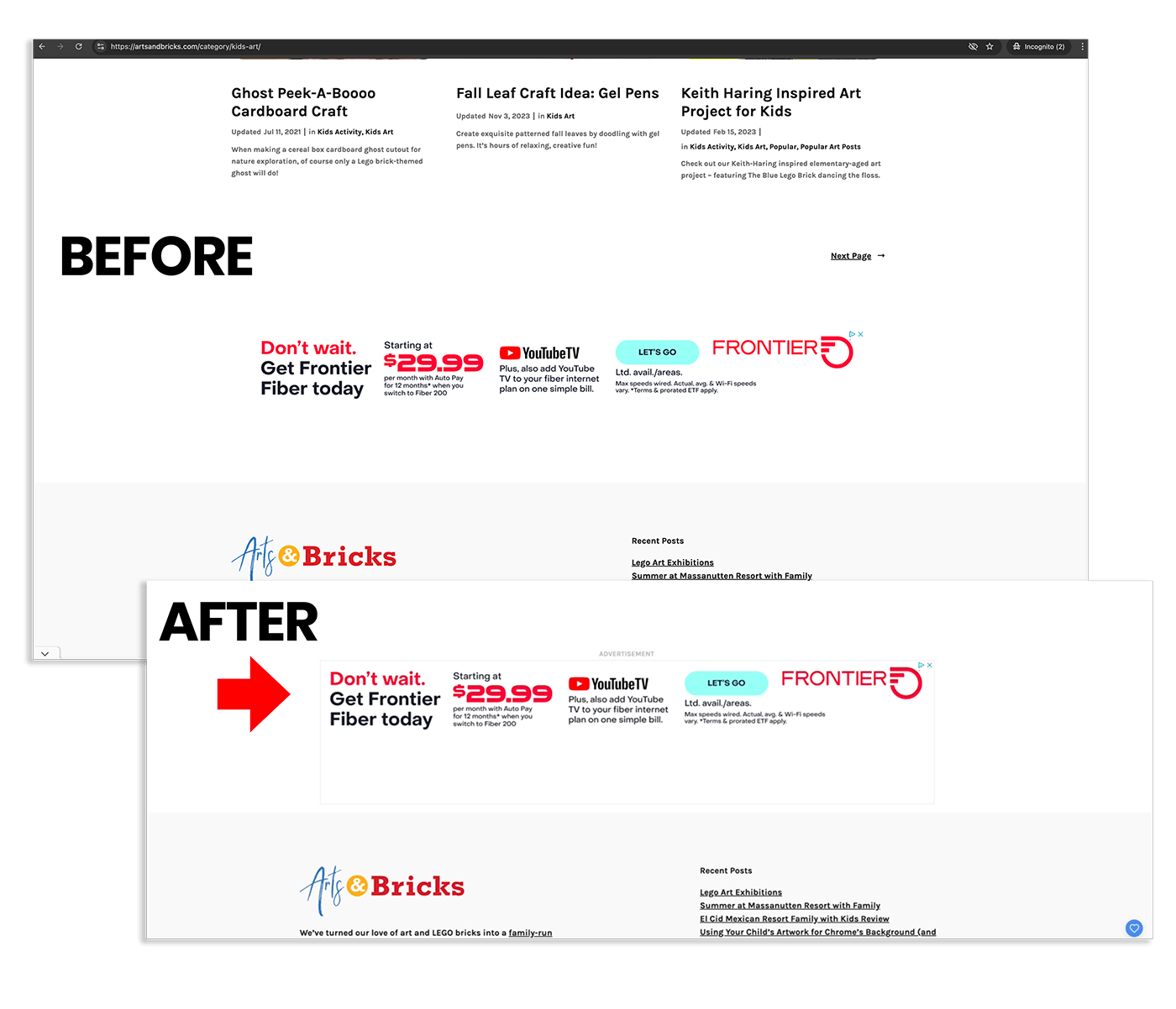 Before and After adding a border and the word "Advertisement" Above my Google Ads