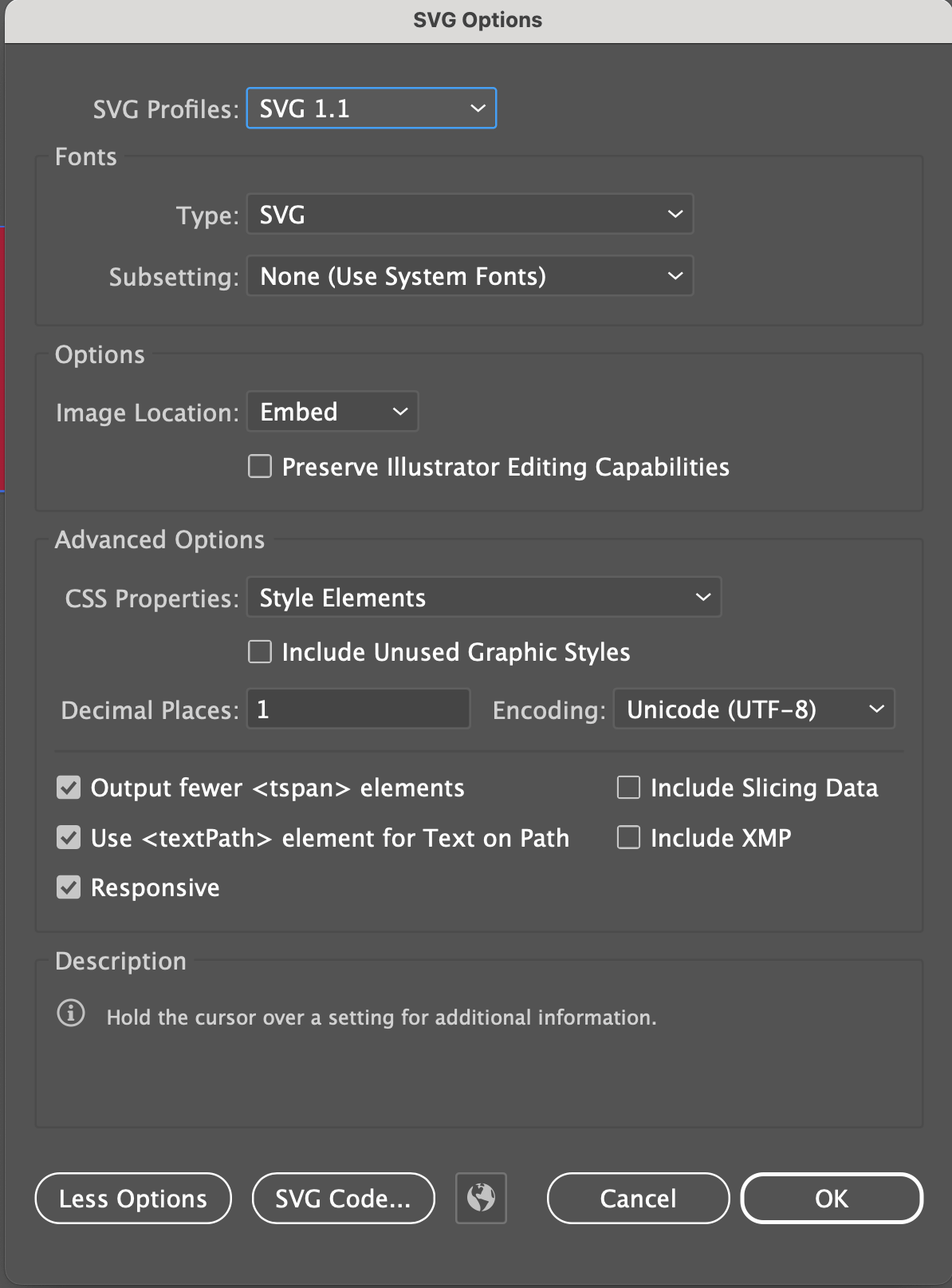 Adobe Illustrator Export as SVG Options window panel