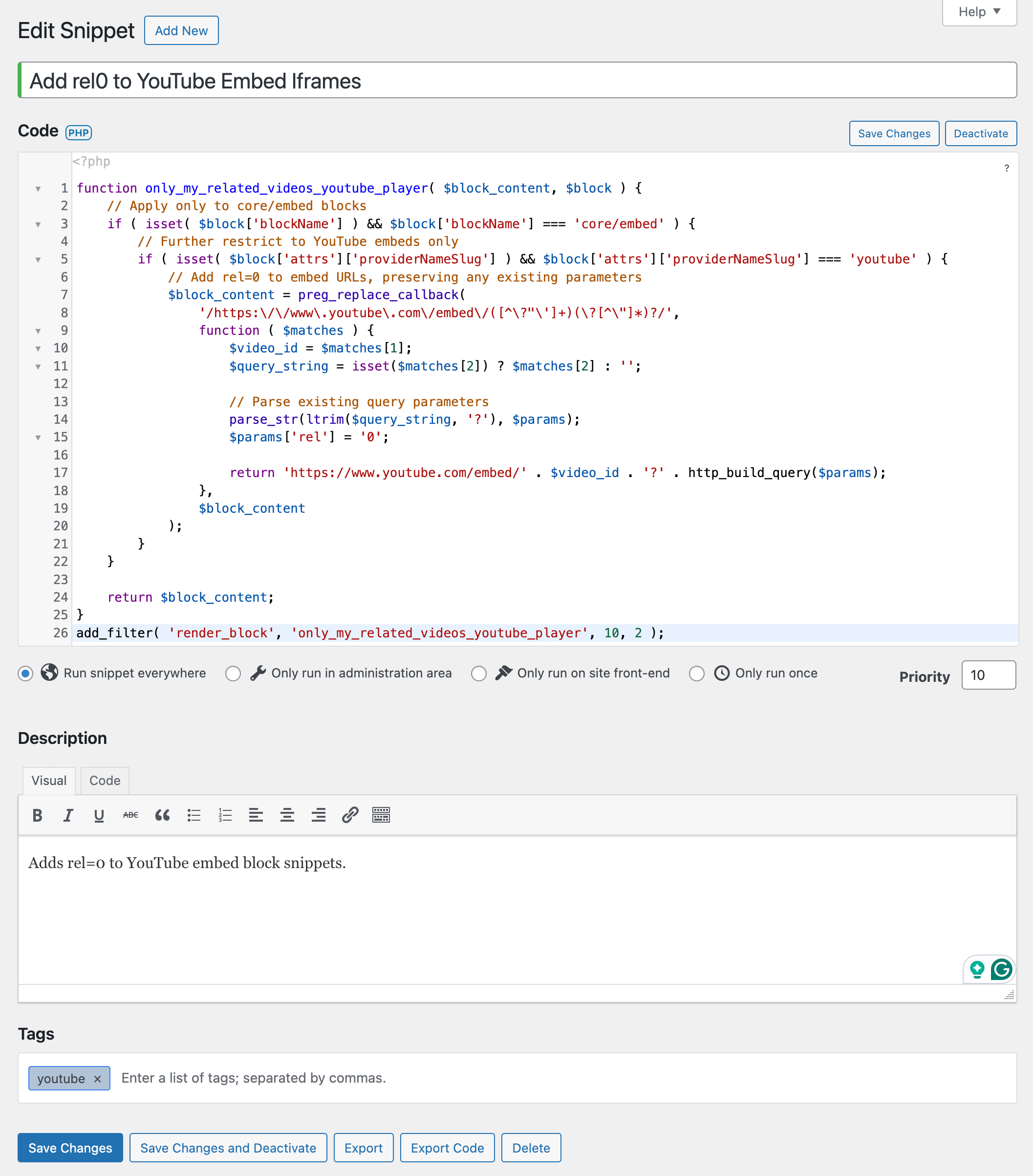 Example of code snippet that appends rel=0 to any YouTube embed links via WordPress Gutenberg