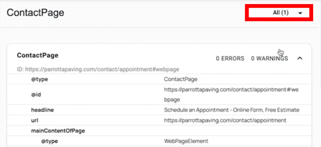 Example of nested objects using ids to have one ContactPage object result in the schema validator