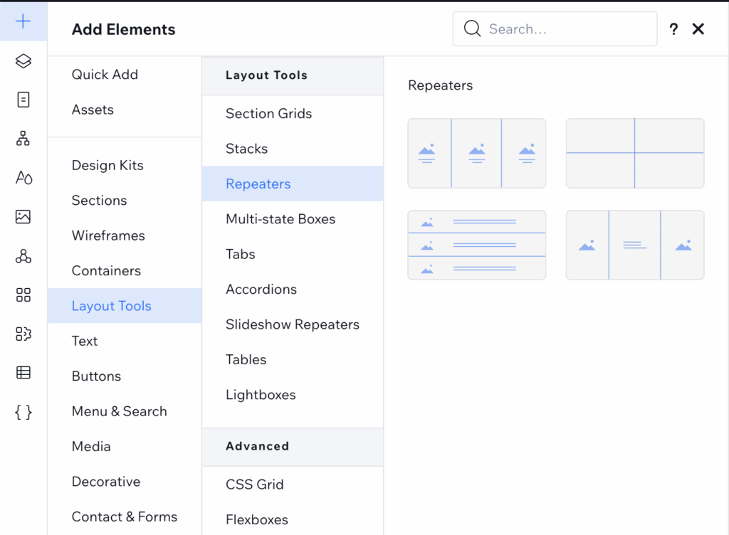 Find the repeater component in Wix Studio from the + and then Layout Options > Repeater