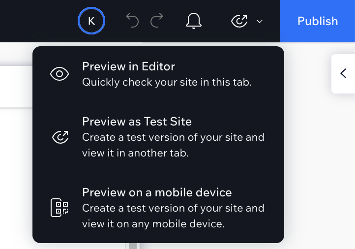 Share test site, Preview as Test site, with a client or colleagues for review on Wix Studio