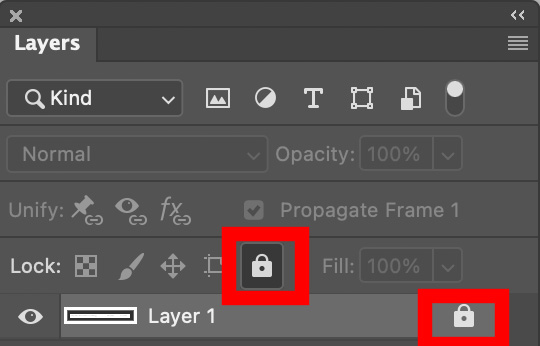 Unlock layers in Photoshop Layers Window with the lock icons.