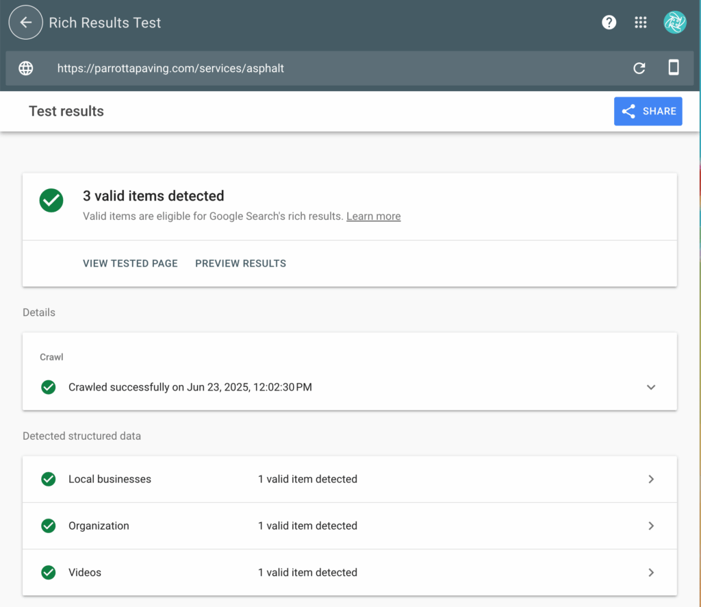 Example of valid rich snippets for a local company's service page. Includes Local Business, Organization and Videos.