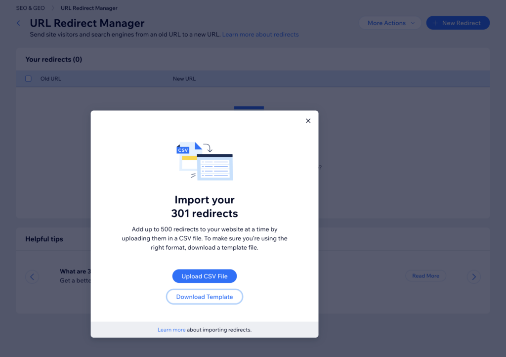 Wix studio bulk import 301 redirects.
