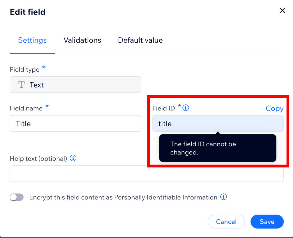 Copy your CMS Wix Studio field ID from modal accessed via Edit.