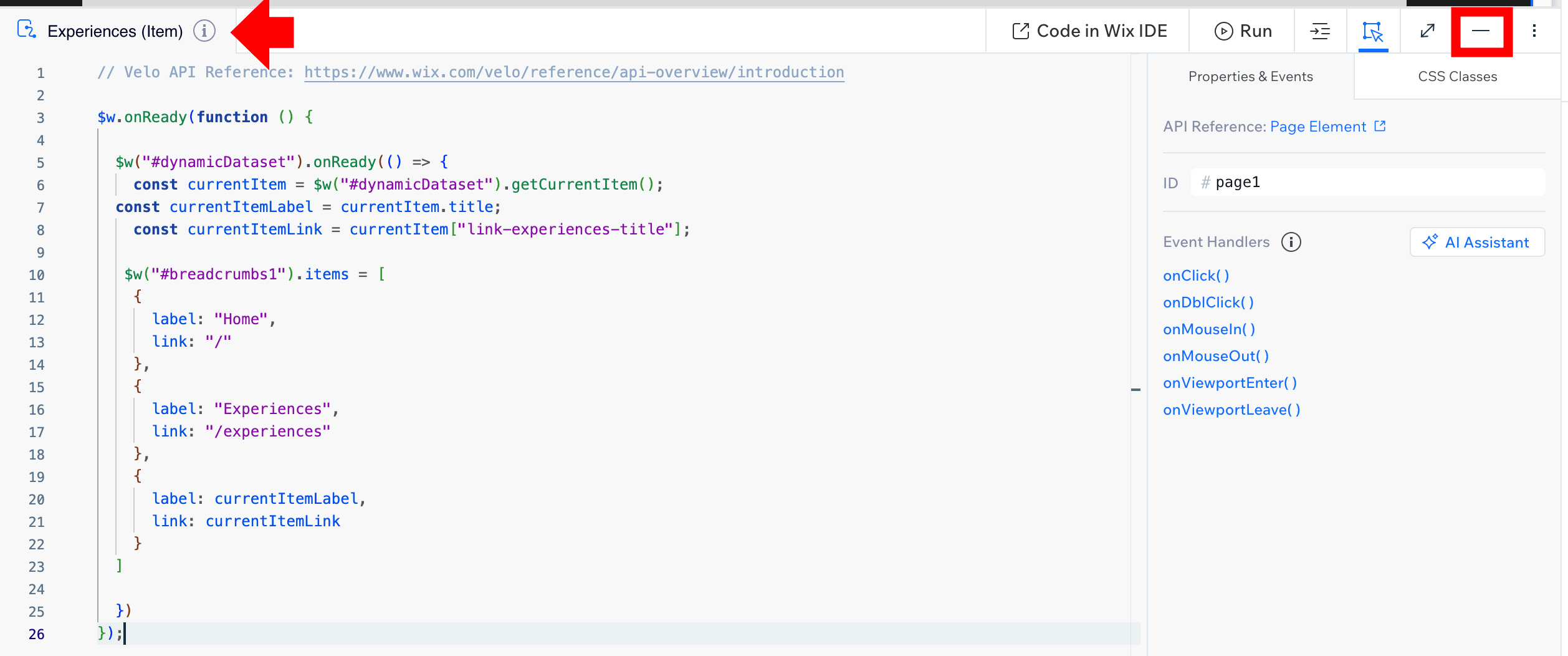Open dynamic code area from bottom of page.